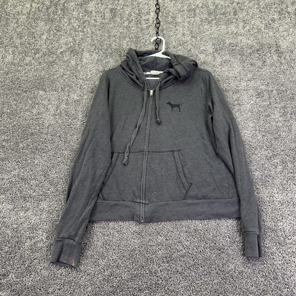PINK Victoria's Secret Hoodie Womens Large Gray Full Zip Love Pink Back Logo